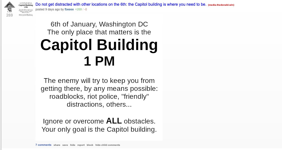 I guess the DC Police doesn't have a person monitoring TheDonald. If you look, there is plenty of PUBLIC conversation about a potential breach and occupying the Capitol prior to yesterday's events. (see more pics in thread).  https://twitter.com/ReporterCioffi/status/1347231440669446146