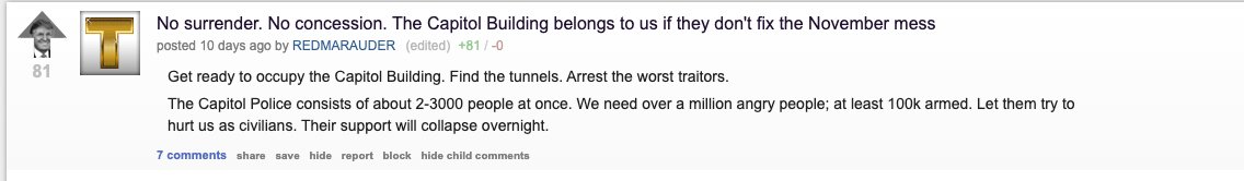 I guess the DC Police doesn't have a person monitoring TheDonald. If you look, there is plenty of PUBLIC conversation about a potential breach and occupying the Capitol prior to yesterday's events. (see more pics in thread).  https://twitter.com/ReporterCioffi/status/1347231440669446146