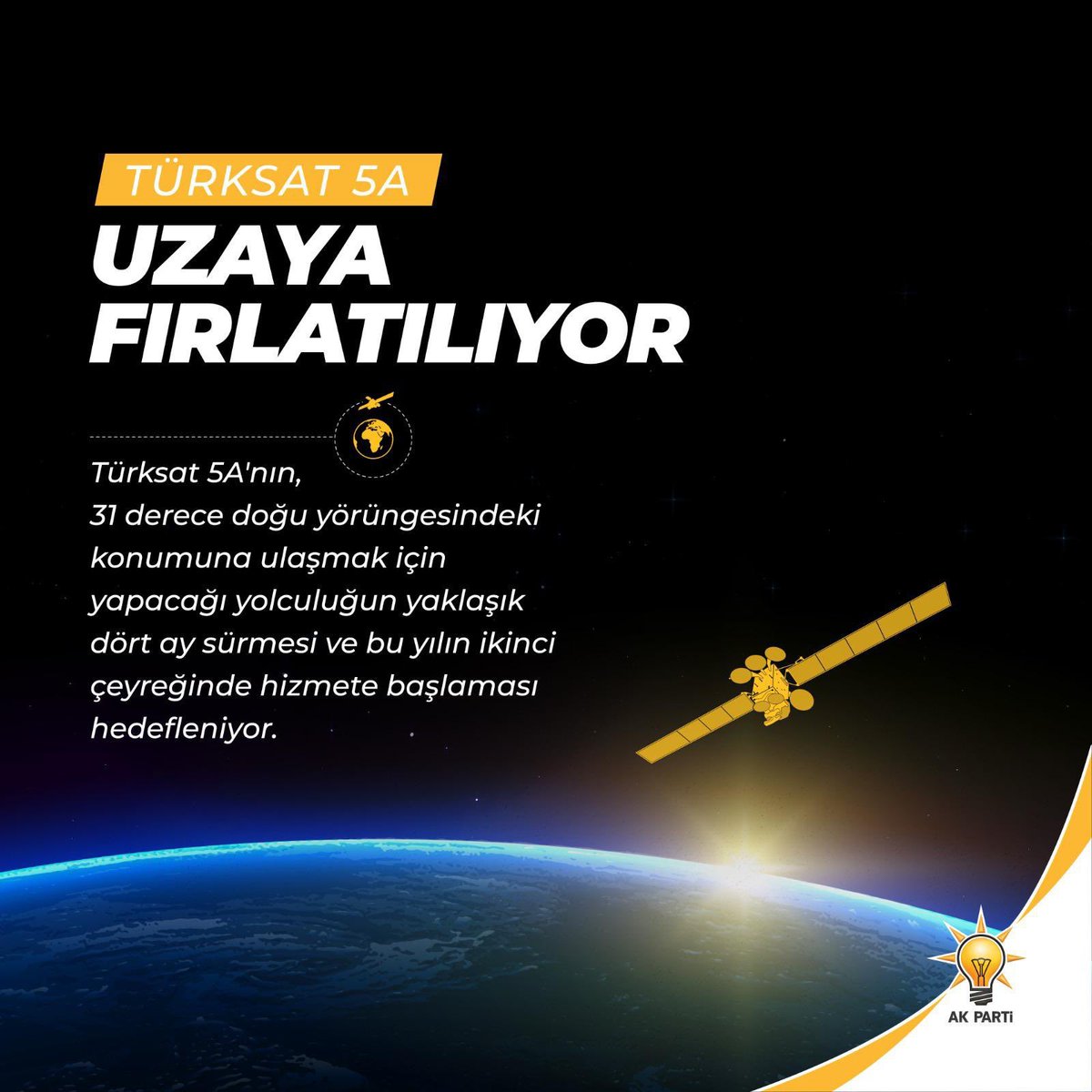 akgncbcekmece's tweet photo. 🌟 Türksat 5A uydusu Türkiye’nin             
       aktif uydu filosundaki 4’üncü 
       haberleşme uydusu olacak

🌟 Uydu tamamen 12 kilowatt 
      elektrk güç brm çalışacak
      Eurostar-3000EOR sistemi
      üstüne kurulmuş ve 3,5 ton
      ağırlığa sahiptir

#Tuerksat5A https://t.co/BogUsv88Uu