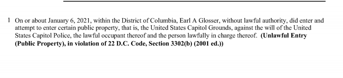 MikeStolp_'s tweet photo. Court documents confirm a Matthews resident named Earl Glosser was among those arrested in D.C. yesterday. (Cropped out the part with his address) @wsoctv https://t.co/nFZGRUhYsx