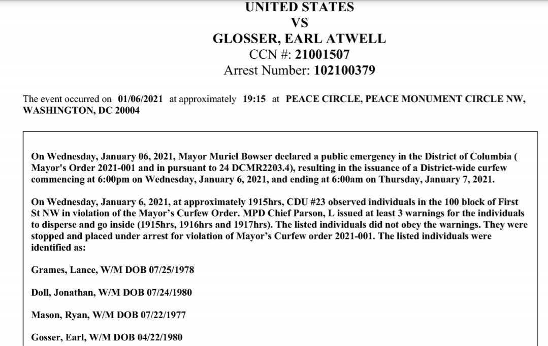 MikeStolp_'s tweet photo. Court documents confirm a Matthews resident named Earl Glosser was among those arrested in D.C. yesterday. (Cropped out the part with his address) @wsoctv https://t.co/nFZGRUhYsx