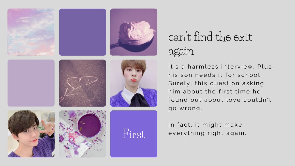 ☆ can't find the exit again
☆ Wooseok/Jinhyuk
☆ G
☆ 1000 words
☆ written by <a href="/halfmoonjisung/">elle ˘͈ᵕ˘͈ ✐</a> 

archiveofourown.org/works/28612860