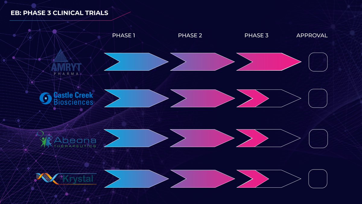 FOUR Phase 3 #clinicaltrials in EB are ongoing today!  #Phase3 is the last phase of trial before  <a href="/US_FDA/">U.S. FDA</a> considers approval of a therapy; we're closer to an available EB treatment than ever before. Learn more about EB clinical trials at ebresearch.org/clinical-trials 🧪🧬🔬