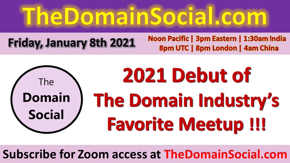 TheDomainSocial's tweet photo. TOMORROW: The Domain Social Returns !!!

- SUBSCRIBE NOW: https://t.co/hjs4icS71u
When you are subscribed, you'll get an email before each future session with the Zoom link and password to join us as we talk domains. https://t.co/R4JissRjUw
