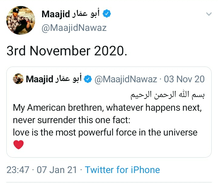 16 hours and counting ... Q: When will Nawaz notice or acknowledge that Biden won?A: All you need is love