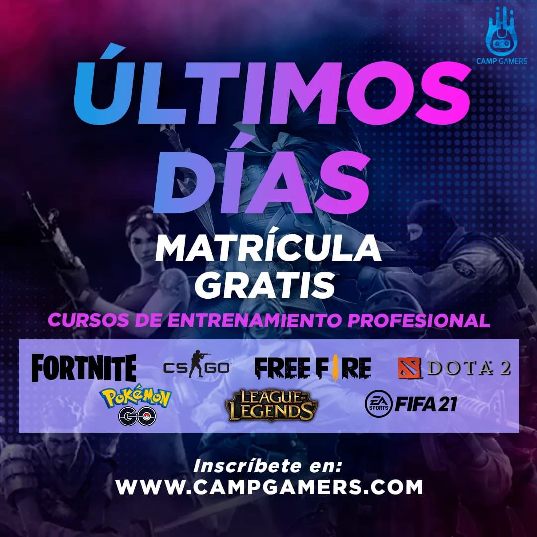 Últimos dos de matrícula gratis para todos nuestros cursos en #CampGamers!
Aprovecha el 50% de descuento y únete a la primera academia Gamer del Perú, los esperamos! 
#TuPasiónEsProfesión