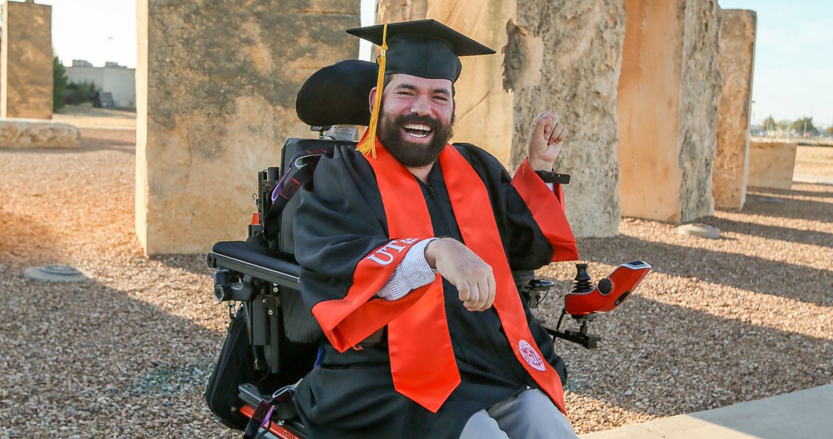 utpb's tweet photo. “When I first started, I was living in a nursing home traveling a mile and a half to and from the University in my chair in all kinds of weather. I would drive my wheelchair on busy streets!” 

Congrats to Mr. UTPB himself, Romeo Ramirez on graduating! https://t.co/d4Tw2kfrj7