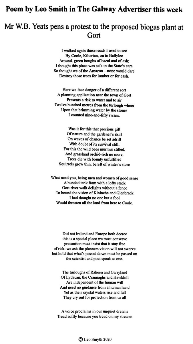 #GortSaysNoBiogas Leo Smith’s ingenious take on what WBY might have penned highlighting what would be a national travesty- destroy the culture/soul and heart of a special region. Please retweet and help us stop this Biogas Monster in Gort.