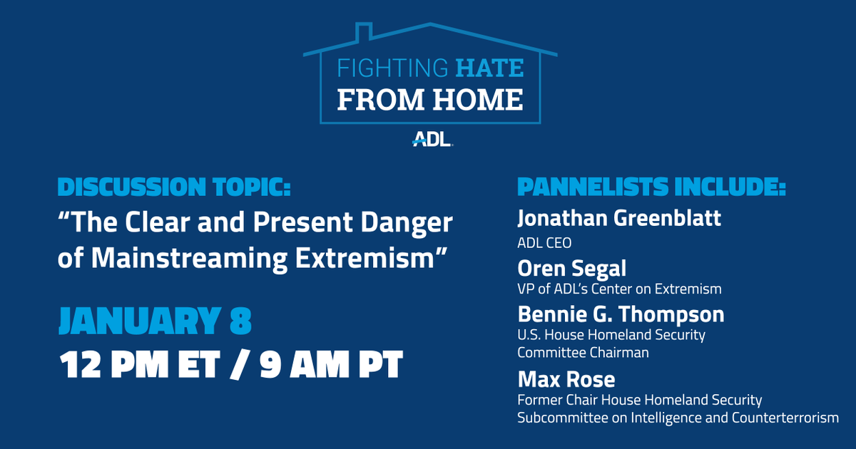 ADL's tweet image. REGISTER: Tomorrow, 12pm ET for a discussion on the mainstreaming of extremism that fueled the crisis at our Capitol. Join CEO @JGreenblattADL, Center on Extremism VP @OrenSegal &amp;amp; panel including Chairman of @HomelandDems @BennieGThompson &amp;amp; @MaxRose4NY: adl.zoom.us/webinar/regist…