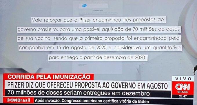 BRASIL NA PANDEMIA

De acordo com a CNN, a Pfizer encaminhou proposta em AGOSTO de 2020 para que, já em dezembro, o Brasil tivesse doses da vacina contra a #COVID19 

Seriam 70 milhões de doses.

E agora, Ministério da Saúde?