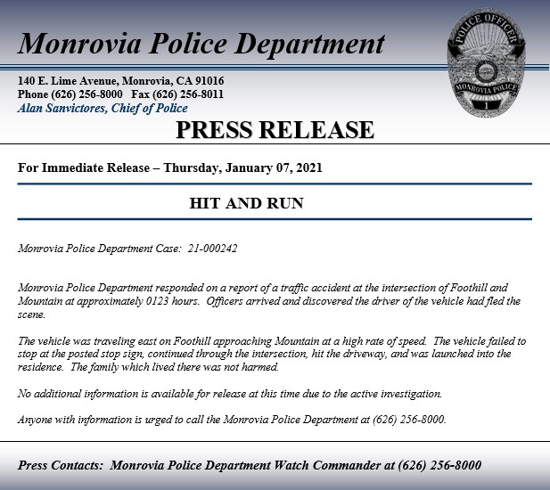 MonroviaPolice's tweet photo. Last night MPD responded to a vehicle that failed to stop at the intersection of Foothill and Mountain. The vehicle was launched into a nearby residence and the driver fled the scene. 

Anyone with information is urged to call the Monrovia Police Department at (626) 256-8000. https://t.co/EbW4MAU8yK