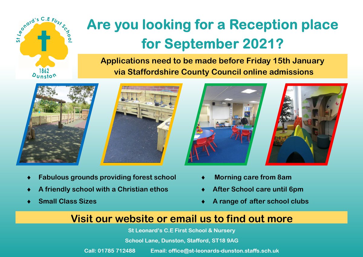 StLeonardsDunst's tweet photo. Will your child turn 5 years old between 1st September 2021 and 31st August 2022? then don't forget to submit your child's school application for September 2021 - applications need to be made at: https://t.co/tcZ2DjfIEk
#stafford #penkridge #dunston https://t.co/2NqBnUhDUD