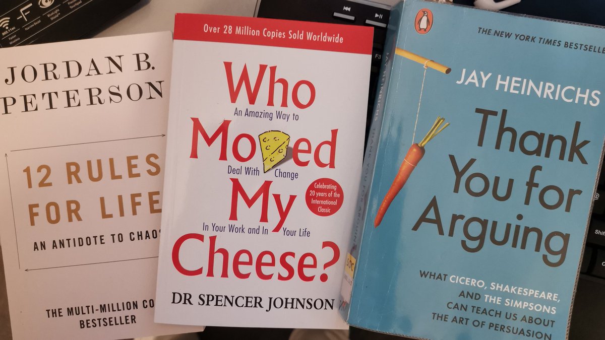 time2reflect's tweet photo. January line up. Started reading #thankyouforarguing @JayHeinrichs it is just as readable as #howtoarguewithacat. #whomovedmycheese is an annual read every January at least. 12 rules for life was a secret santa gift so looking forward to that. https://t.co/bUZsmo4JgY