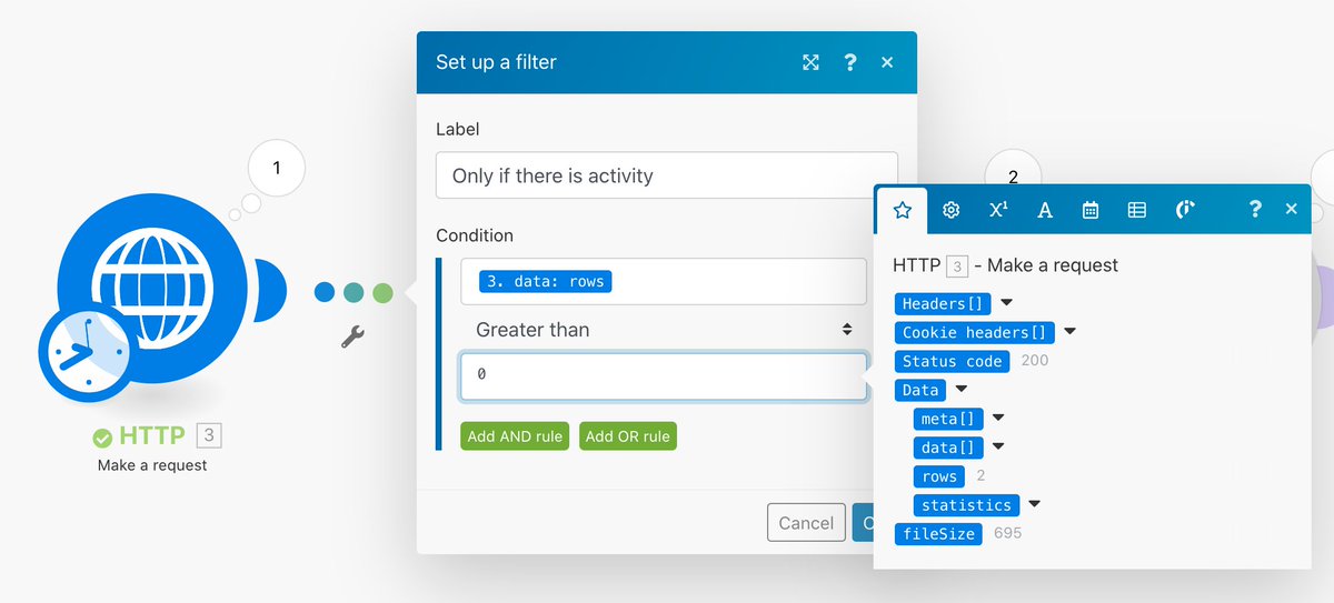 Next, I schedule the scenario to run every 15 minutes (the SQL for the API endpoint returns data for the last 15 minutes as well)Since I only want to get emails IF there is activity, I add a filter after the HTTP module.
