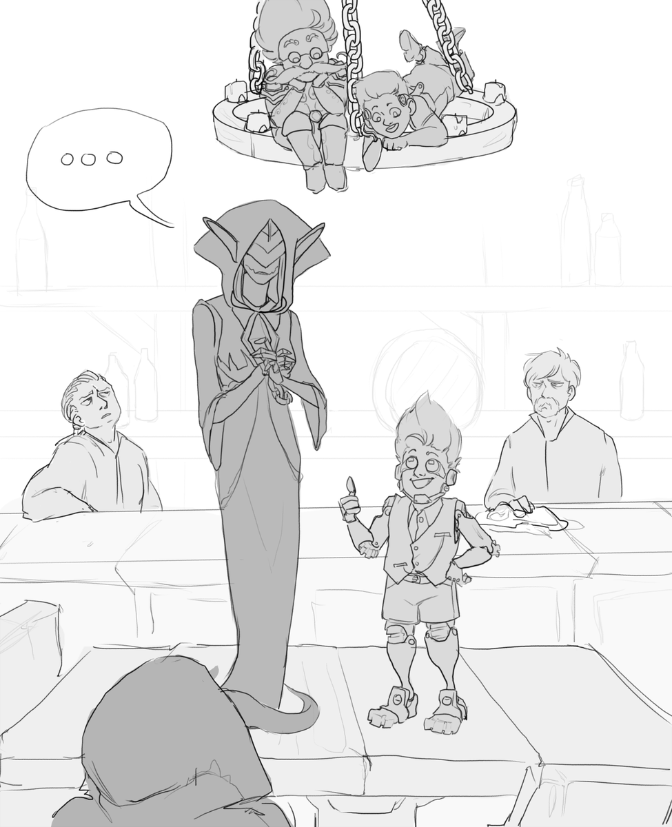 Rochko, Ali and Stan all looking very supportively towards this very tall, lanky and very obviously evil woman standing on a table.