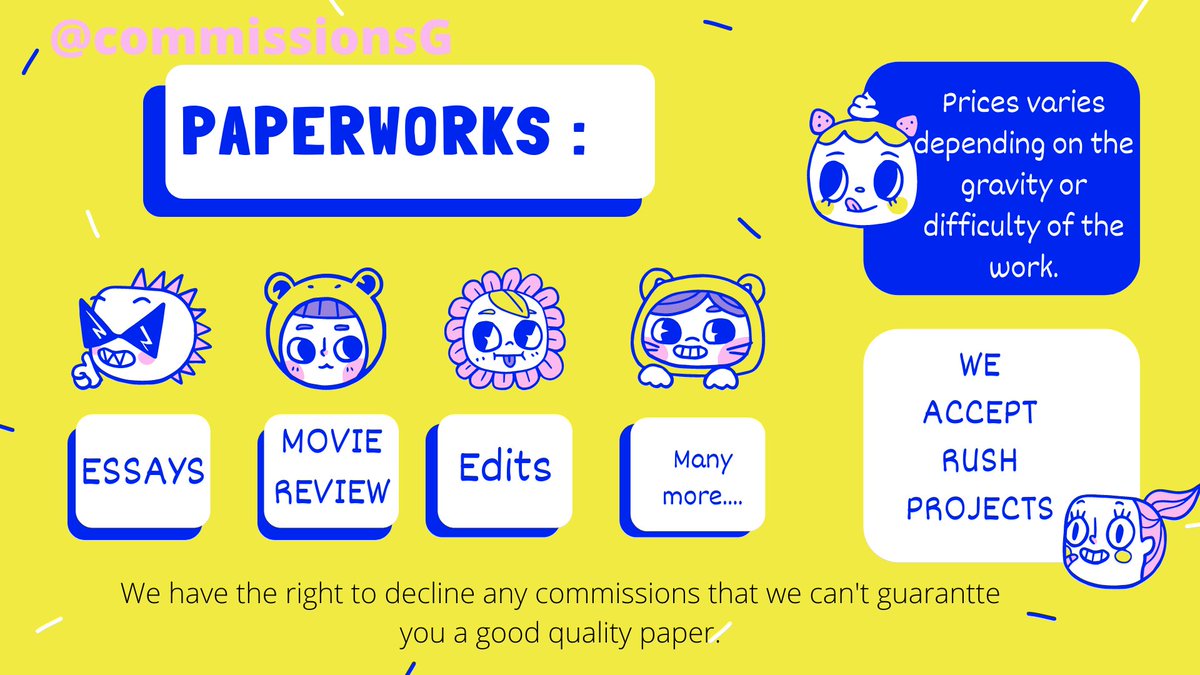 CommissionsG's tweet photo. I am always open for academic commissions. Don't hesitate to dm me for inquiries💝 

•I provide quality papers, ppt's, math, movie reviews infographics and many more

#commissionsopen #openforcommissions #cheapprice #commissions #essayhelp #Essay #Essaydue #academiccommissions https://t.co/xM0cHxgraC