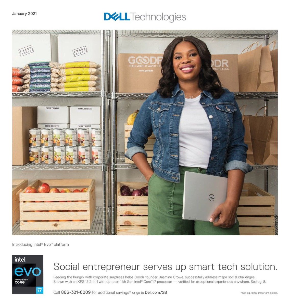 jasminecrowe's tweet photo. I am thrilled to grace the cover of the Winter Catalog for @Dell! I have had the privilege of leading an amazing team at @TheGoodrCo as we build tech solutions to solve two social issues  issues - hunger and food waste. Dell has been a great partner of Goodr along the journey! https://t.co/Kmm8ziv1CN