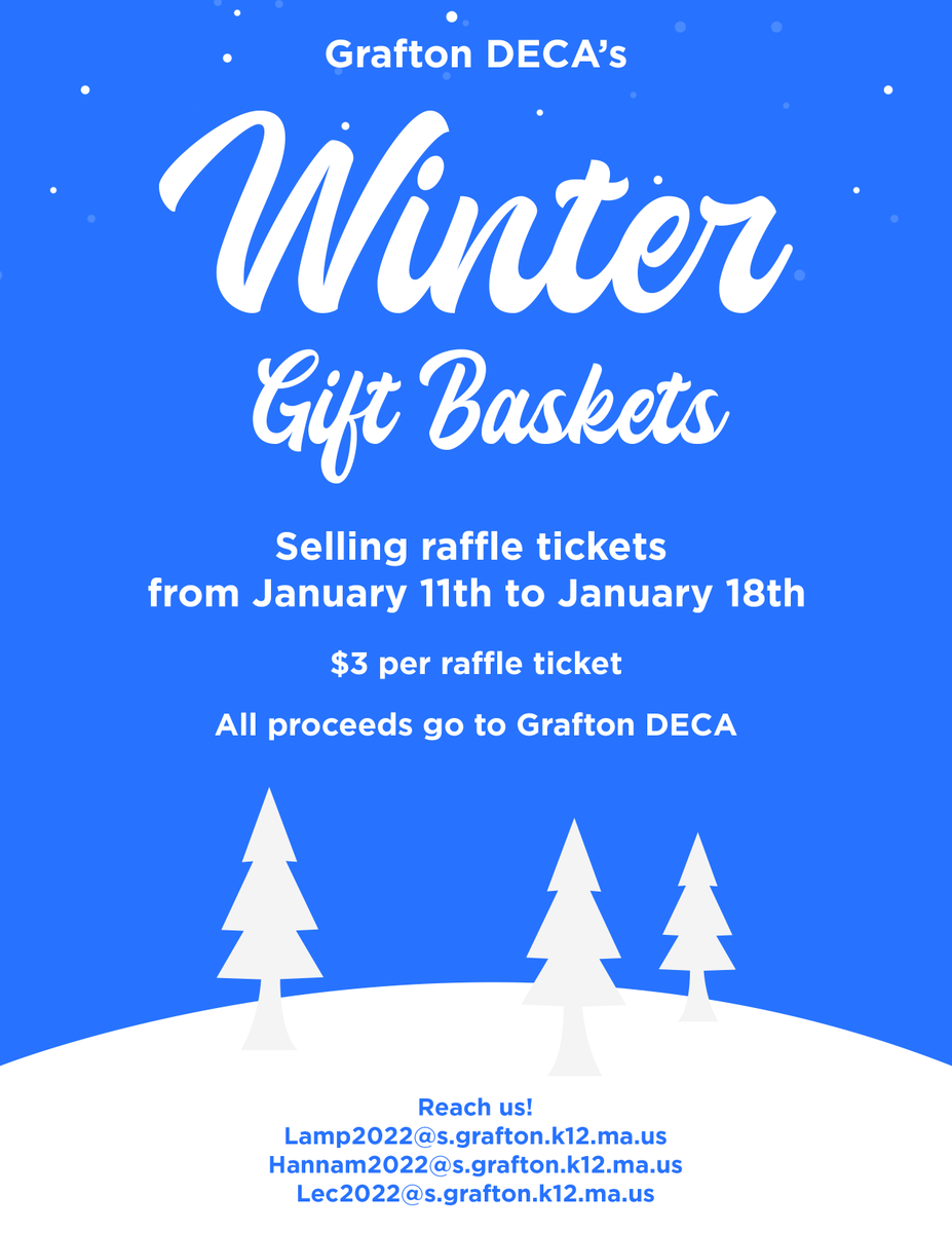 While the holiday season may be over, you can still feel the seasonal spirit with Grafton DECA's Winter Gift Basket Fundraiser! Stay tuned for more upcoming information on how you can win great items in this online raffle while benefitting students of Grafton DECA!