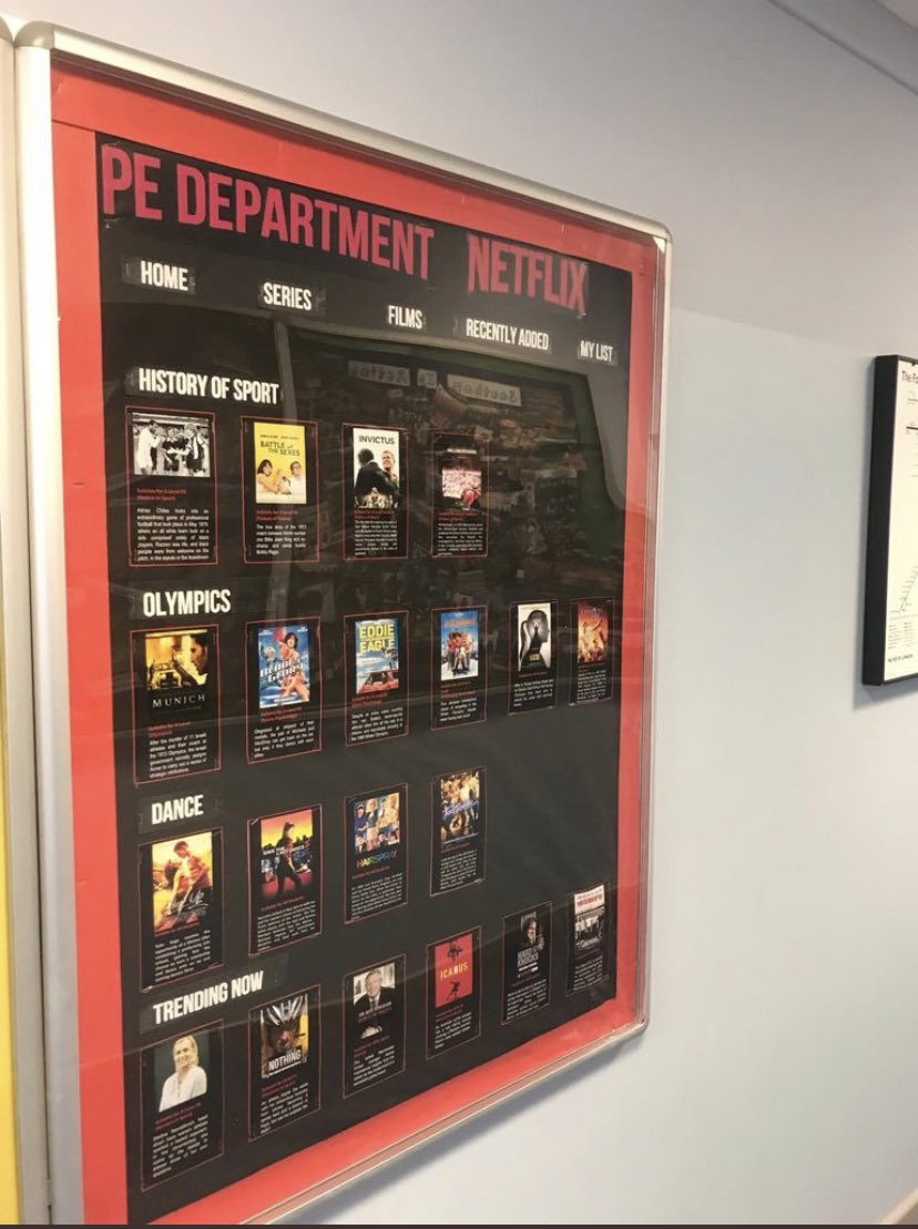 MrTurton_PE's tweet photo. @DMorgan_PE @SidwellPE @PEgeekscorner @pe_enthusiast @Planet_PE @MissBamfordPE @HWT_PE I created a notice board Netflix last year for students to look at with specific relevance to courses etc https://t.co/y21P6vphFt