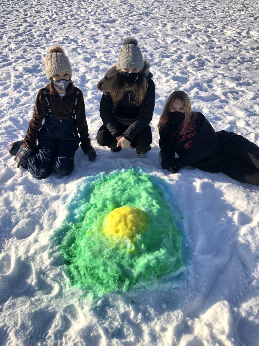 Gr. 5/6 students demonstrated careful planning, problem solving, collaboration, &amp; perseverance constructing snow sculptures. They are proud of their finished results including “Covid”, a “Dragon with an Inverted Ice Cream Cone”, and an “Avocado.”