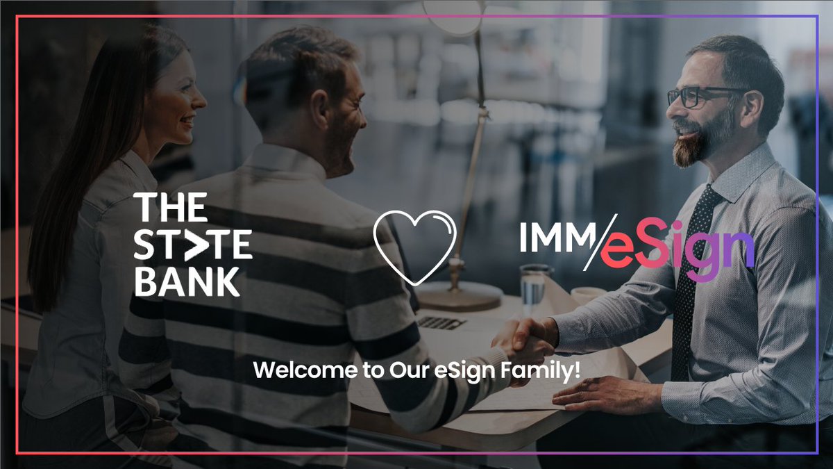 IMMeSign's tweet photo. Ecstatic to announce @thestatebank has upgraded from our Quick Start for Banks program to our advanced #eSignature and #DigitalTransactionManagement platform - #eSignplus! We appreciate and value your continued trust and loyalty.
#FiservPremier #Banks #DigitalTransformation https://t.co/uPODlNDuJw