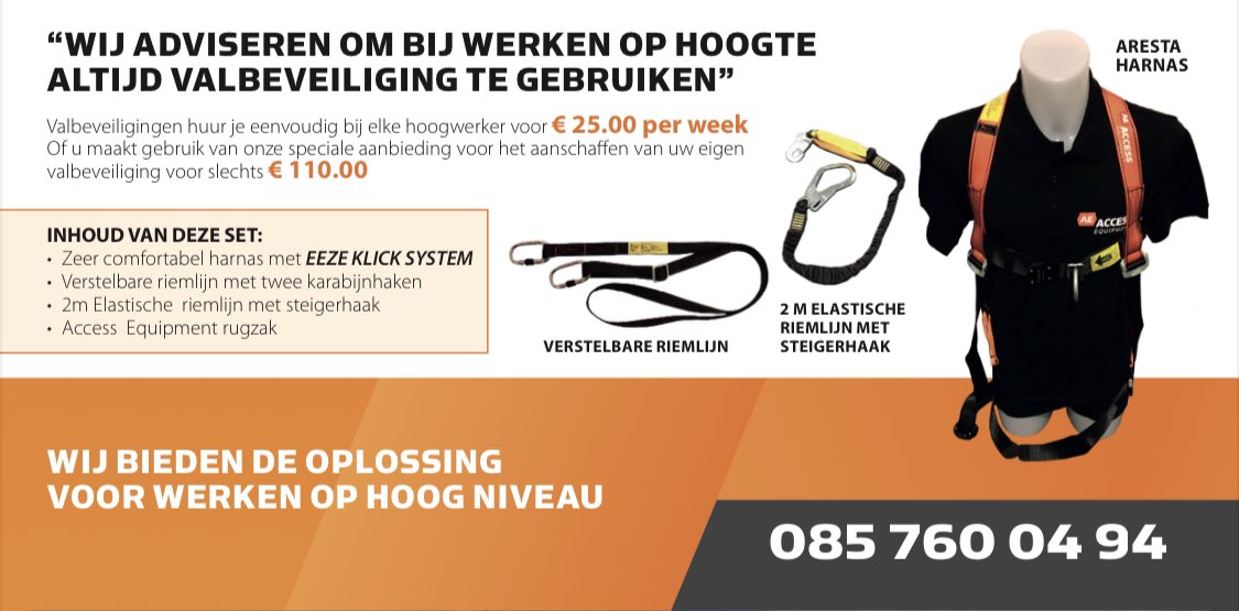 𝗩𝗔𝗟𝗕𝗘𝗩𝗘𝗜𝗟𝗜𝗚𝗜𝗡𝗚

Zorg dat u ook op (grote) hoogte altijd veilig werkt. 

Bestel je eigen veiligheidsharnas voor hoogwerker en steiger in 1.

👉Nu inclusief 𝘼𝙀 rugzak

instagram.com/p/CJwZLEtB3ou/…
