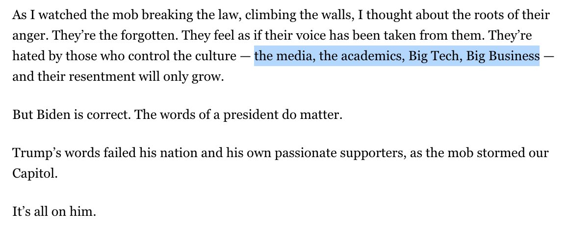 Kass ends today's column by once again saying of yesterday's traitorous, bloody riot is "It’s all on [Trump.]"But in the same breath he again actually also blames "the media, the academics, Big Tech, Big Business" for spurring this shameful white supremacist mutiny.