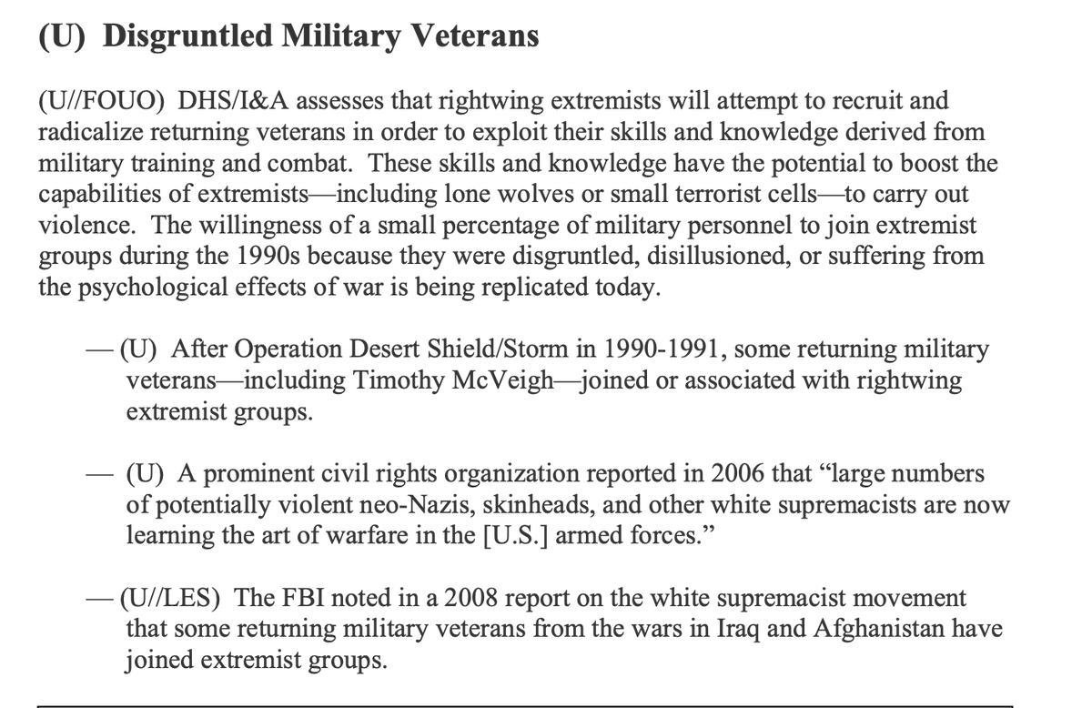 Forever thinking about how in 2009, Republicans got all up in a snit that DHS would dare say that white supremacists are the biggest domestic terror threat and impugn our vets by warning that they were vulnerable to recruitment