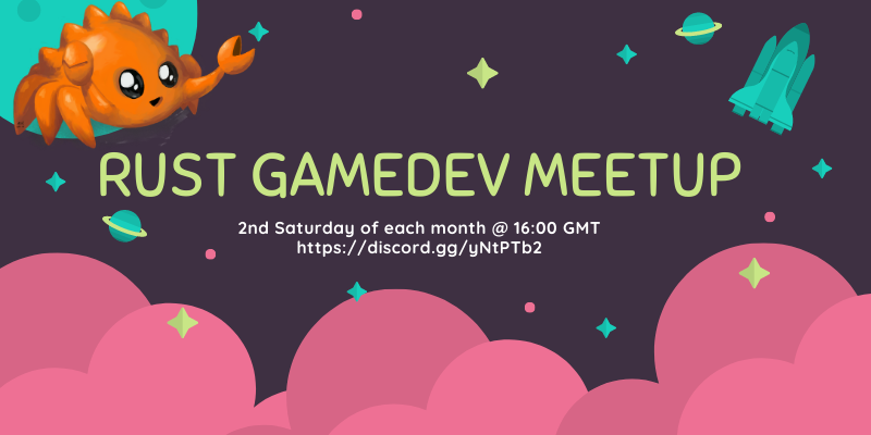 rust_gamedev's tweet photo. The #rustang #gamedev meetup will happen on the second Saturday of every month. It'll be an opportunity to chat with others from the Rust gamedev community and see what people are working on.
The meetup will take place on the Rust Gamedev Discord server:
https://t.co/CzW2plwIZs https://t.co/3hcJX50zcc