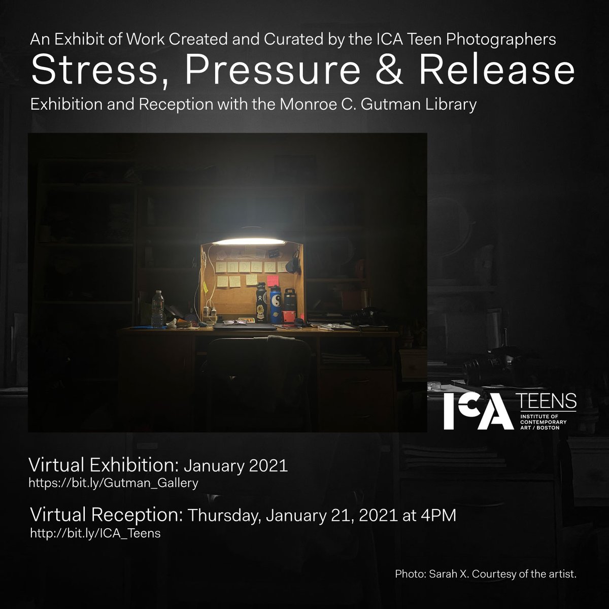 gutman_library's tweet image. .@icateens are back (virtually) on Appian Way! Please join us on 1/21 at 4p.m. as the artists discuss their photographs for this year's exhibition: Stress, Pressure, &amp;amp; Release. Register here: bit.ly/ICA_Teens and view the virtual exhibition here: bit.ly/Gutman_Gallery