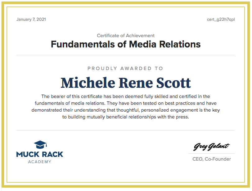 michele___rene's tweet photo. Brushing up on the fundamentals of media relations to ensure relevancy and quality. Thank you @MichaelSmartPR and @MuckRack. #NewYear #LifeLongLearning #Evolution #MRCredentials #APStyle https://t.co/wr92TJT4bq
