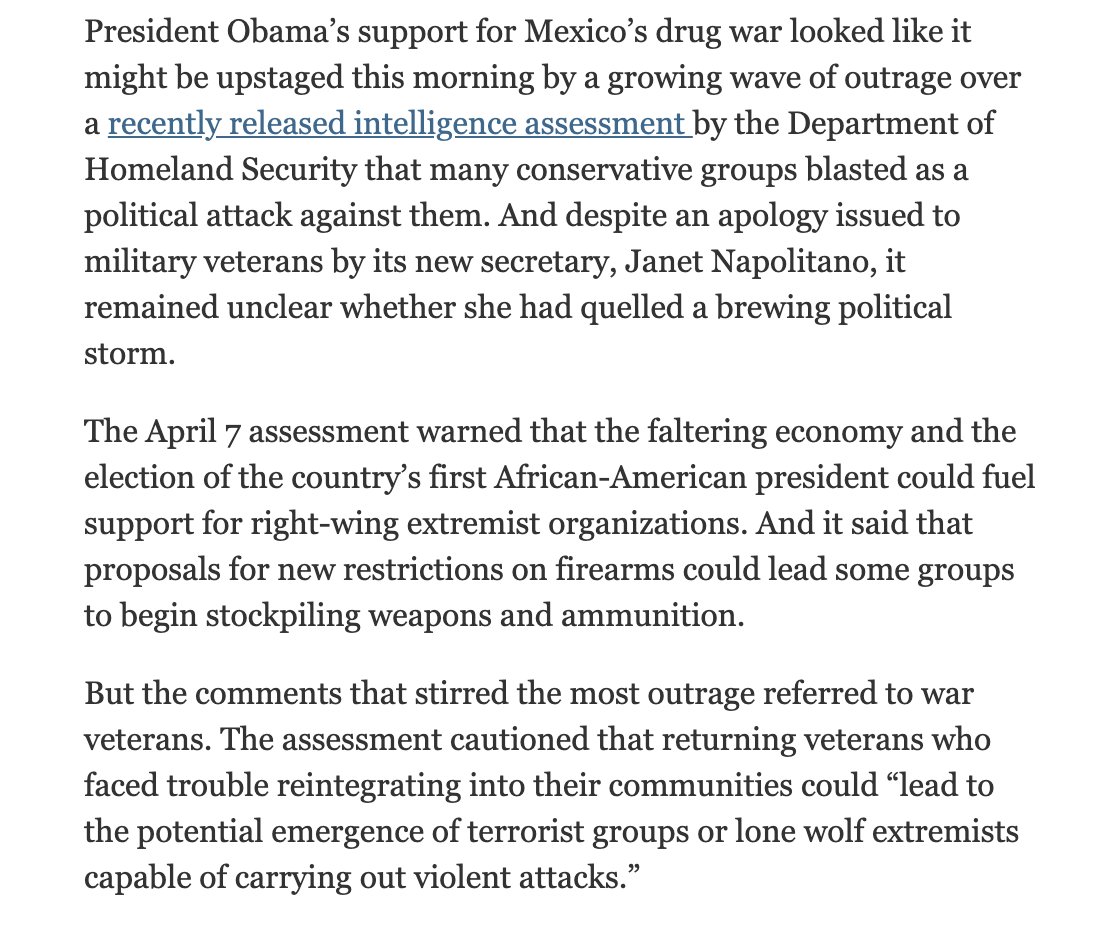 Conservatives were sure that this was a broadside against them (which is in itself telling) and then-House Minority Leader John Boehner took a swipe at Sec. Napolitano over it. She was forced to apologize to vetrans for offending them and work on white supremacy was shelved