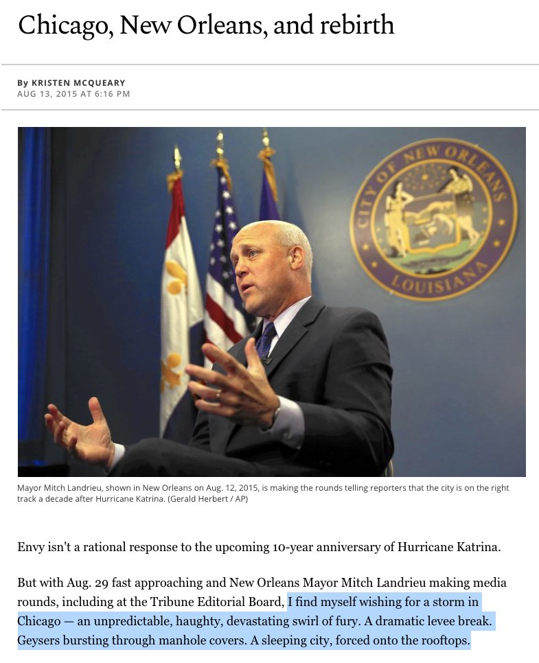And we certainly can't expect classy behavior on this occasion from Kass' nominal supervisor Tribune Opinions editor  @McQuearyKristen, the right-winger notorious for once publicly wishing Chicago would be devastated by a Katrina-level tragedy. https://www.chicagoreader.com/Bleader/archives/2015/08/17/the-tribunes-kristin-mcqueary-takes-a-katrina-strength-pounding