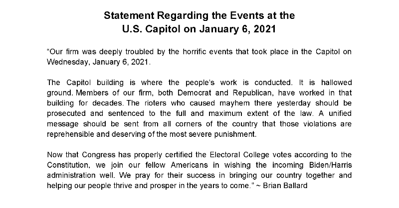 Statement Regarding the Events at the U.S. Capitol on January 6, 2021