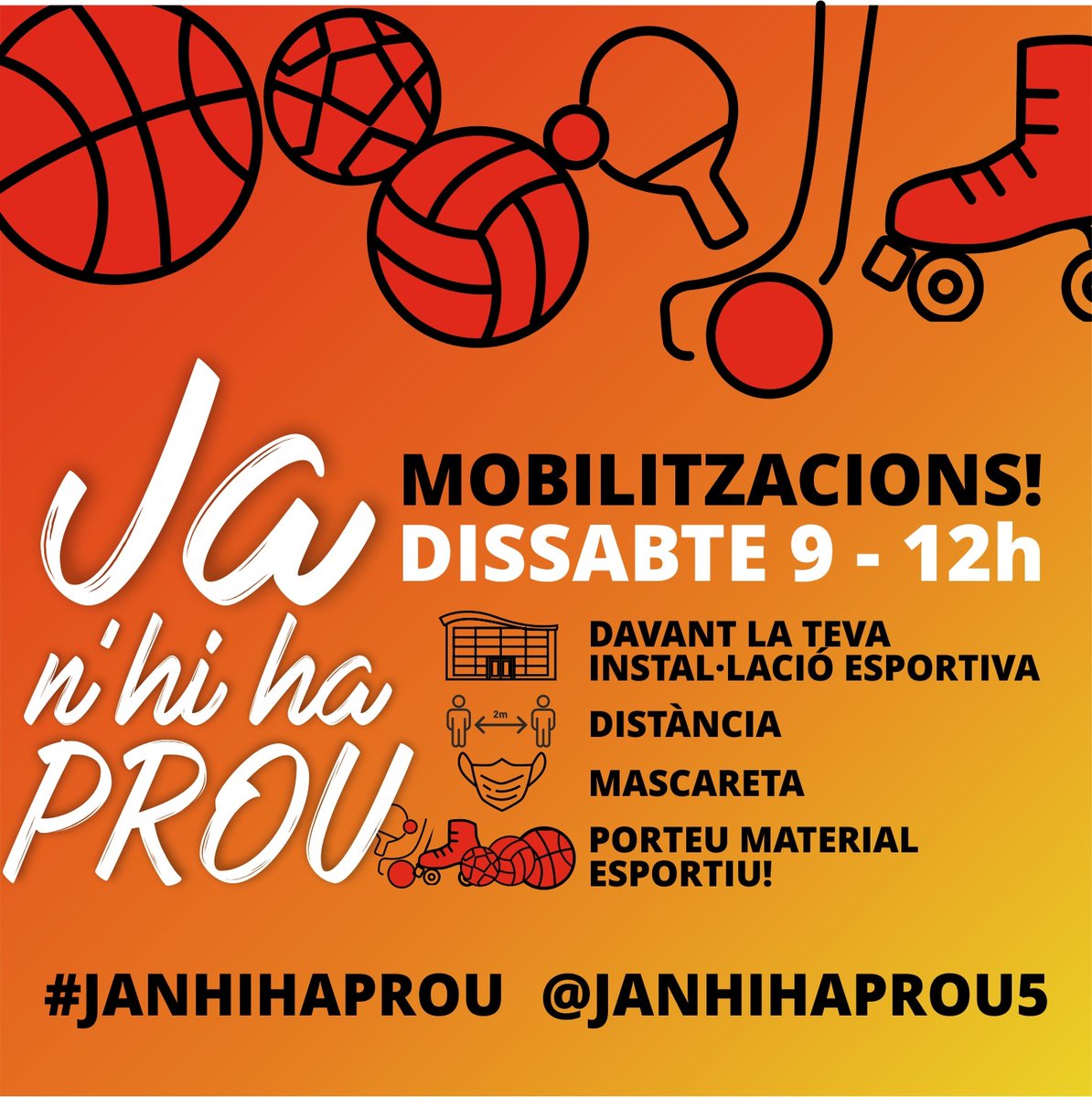 UFECcat's tweet photo. Ens sumem a la mobilització convocada per @JanhihaProu5 pel pròxim dissabte!

🗓 9 gener
⏰ 12 h 
🏰 Davant la instal·lació del vostre municipi

🚶🏻‍♀️🔛🕴🏻Distància 
😷 Mascareta 
Porteu material 🤾🏻‍♀️🏐🏸🏀🏑

A l'Esport #SomEssencials
https://t.co/353e5S2vlU

#EstemFarts #JaNhiHaProu https://t.co/6dXEARYmNQ