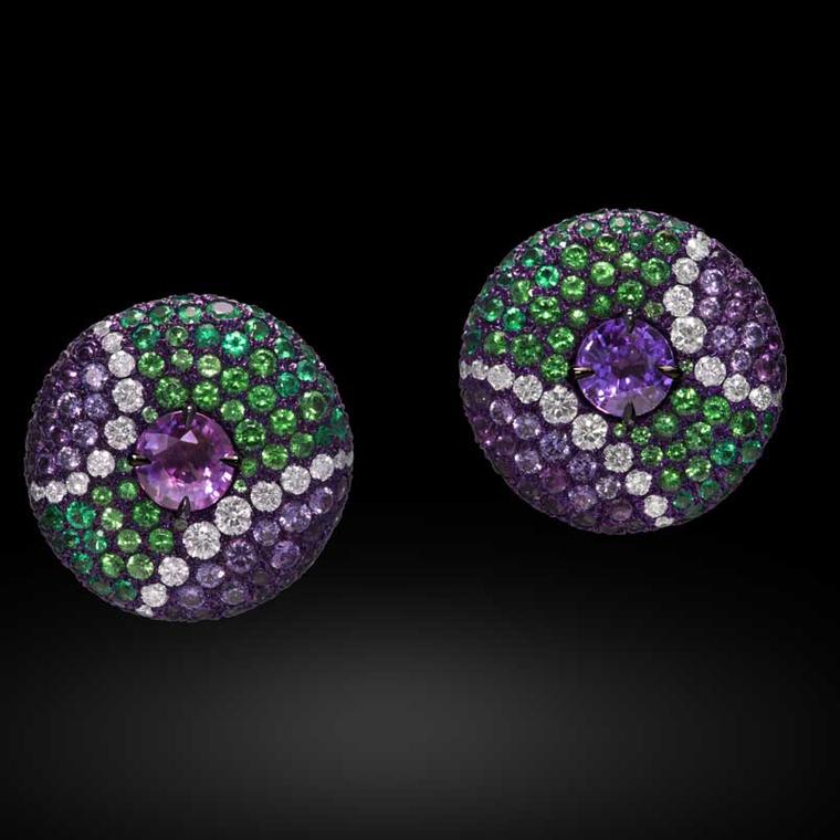 Earrings from Carnet. Purple/green seems to be a favorite color combo, and it's brilliant because you haven't even noticed the center stones don't match.