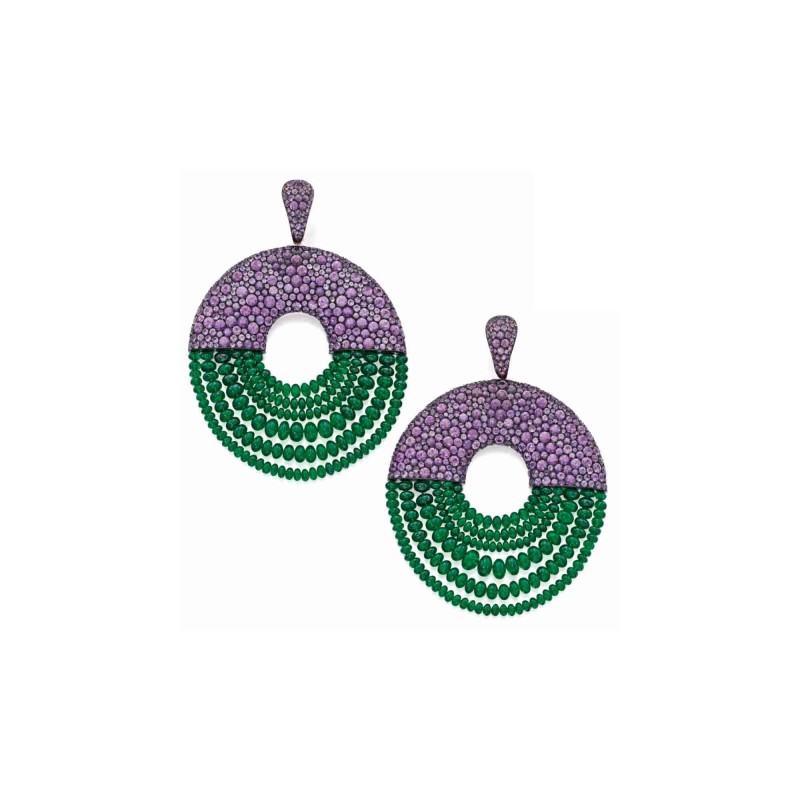 Purple sapphires and emerald beads. I TOOK NOTES. (DeGrisogono) With diamonds they call that a snow setting? I think? And with diamonds I'm 'meh' but I love it in colored stones.