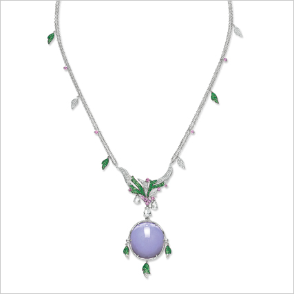 Lavender jade, diamonds, emeralds, and I think pink sapphires. I love when odd stone and color combos work. (Boschi)