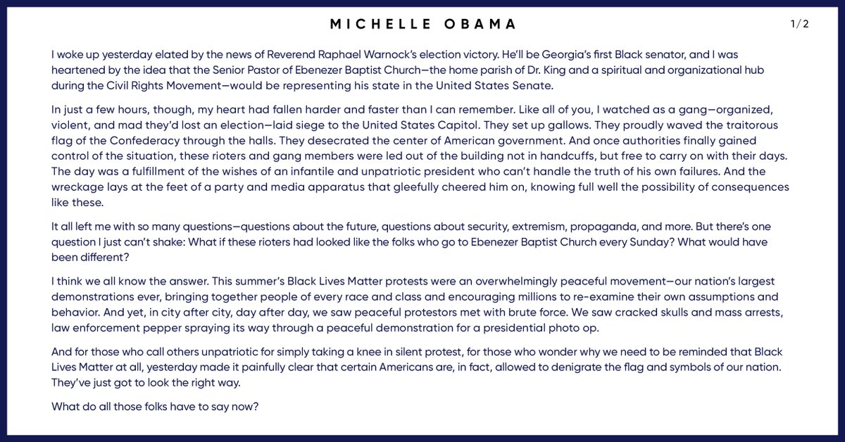 NBCNews's tweet image. JUST IN: Former first lady Michelle Obama calls on tech companies to permanently ban President Trump from their platforms and put policies in place “to prevent their technology from being used by the nation’s leaders to fuel insurrection.”