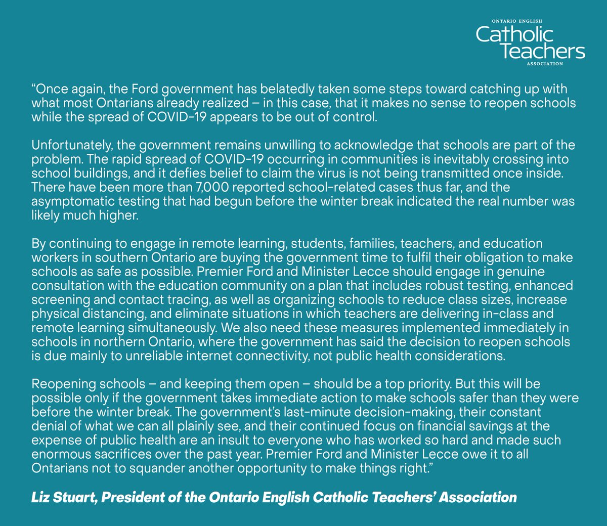 OECTAProv's tweet image. "By continuing to engage in remote learning, students, families, teachers, and education workers in southern Ontario are buying the govt time to fulfil their obligation to make schools as safe as possible." - @OECTAprez #OntEdReality #onted #onpoli