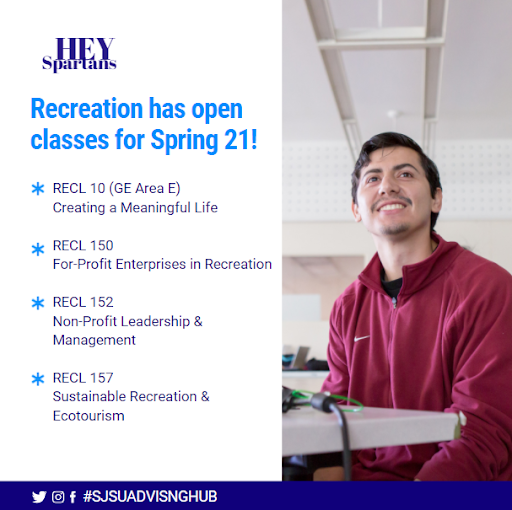 SJSU AARS (@sjsu_aars) on Twitter photo Hey #Spartans, if you need any additional classes for the Spring these Recreation courses still have available seats! #SpartanUp & make sure your schedules are full, today! #SJSU <a href="/SJSU_ES/">SJSU Enrollment</a> <a href="/as_sjsu/">Associated Students</a> @CHHS_SSC <a href="/sjsuhassc/">H&A Student Success Center</a> <a href="/luriesuccess/">Lurie College of Education Student Success Center</a> <a href="/TheBLOCsjsu/">The BLOC @ San Jose State✨</a> <a href="/CLSSC_/">Chicanx Latinx Student Success Center</a> <a href="/SJSUPRIDE/">SJSU PRIDE Center</a> <a href="/SJSUEOP/">SJSU EOP</a> Hey #Spartans, if you need any additional classes for the Spring these Recreation courses still have available seats! #SpartanUp & make sure your schedules are full, today! #SJSU <a href="/SJSU_ES/">SJSU Enrollment</a> <a href="/as_sjsu/">Associated Students</a> @CHHS_SSC <a href="/sjsuhassc/">H&A Student Success Center</a> <a href="/luriesuccess/">Lurie College of Education Student Success Center</a> <a href="/TheBLOCsjsu/">The BLOC @ San Jose State✨</a> <a href="/CLSSC_/">Chicanx Latinx Student Success Center</a> <a href="/SJSUPRIDE/">SJSU PRIDE Center</a> <a href="/SJSUEOP/">SJSU EOP</a>
