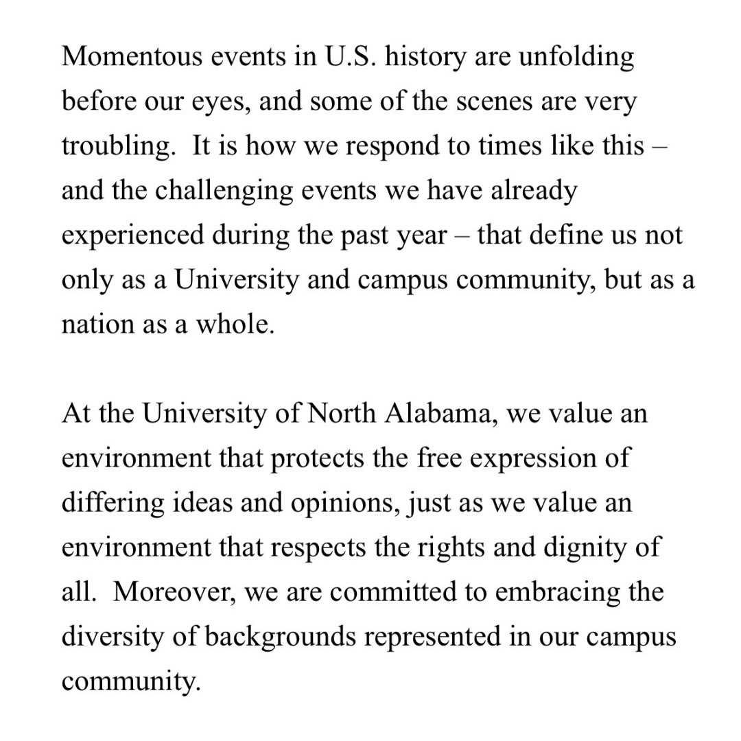 TheFlorAla's tweet photo. In response to the troubling events that have unfolded in the past couple of days, President Kitts has released a statement to the UNA Campus Community. 

The Flor-Ala would like to reiterate President Kitts’ point that violence is not the answer to our disagreements. https://t.co/GN9BOzLmdX