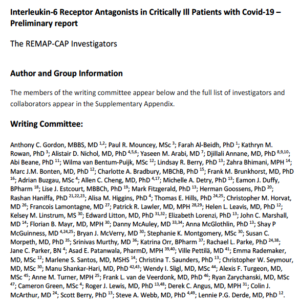 1/ Reading w interest the pre-print on IL-6 antagonists for COVID-19 fromREMAP-CAP.Especially bc of the methodsAn adaptive platform trial (bayesian) somewhat similar to what we are doing in the  @RENOVATEtrial (adaptive design, not a platform trial) https://doi.org/10.1101/2021.01.07.21249390