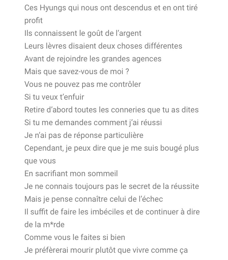 "je ne connais toujours pas le secret de la réussite mais je pense connaître celui de l’échec. il suffit de faire les imbéciles et de continuer à dire de la m*rde comme vous le faites si bien. je préfèrerai mourir plutôt que vivre comme ça"- give it to me