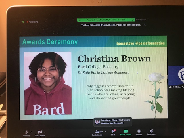 DecaLibrary's tweet photo. The Posse Foundation honored its 52 scholarship recipients from the metro Atlanta area. We are thrilled to announce Christina Brown is a Posse Scholar for 2021! Christina will make such an impact at Bard College. https://t.co/aBgX1AHtem