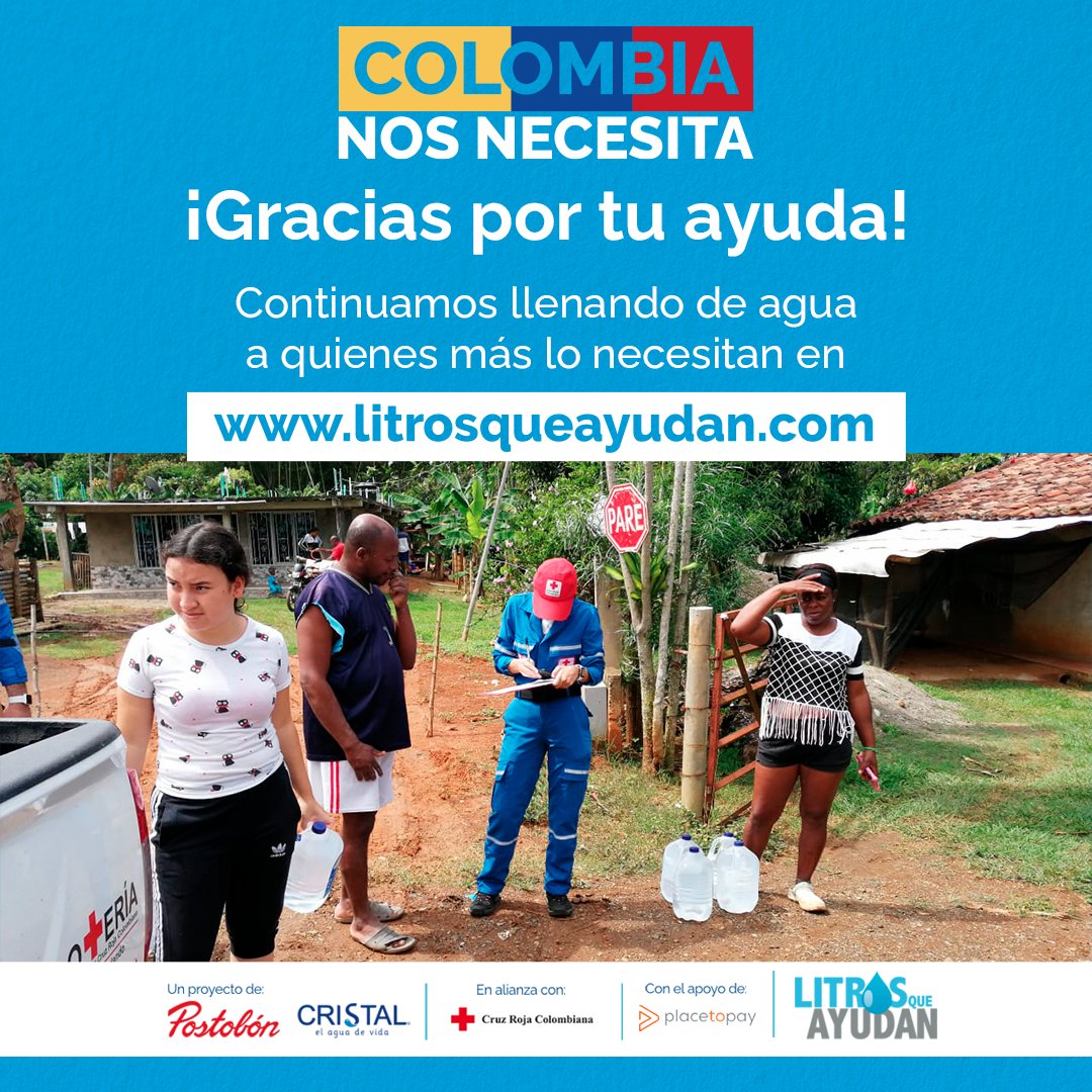 ¡Llenemos nuestro país de agua! Muchas familias necesitan de tu ayuda para tener este líquido vital en sus hogares. Dona ya en litrosqueayudan.com, en alianza con la <a href="/cruzrojacol/">cruzrojacol</a>, entregaremos tu ayuda a las comunidades afectadas. #LitrosQueAyudan #ColombiaNosNecesita