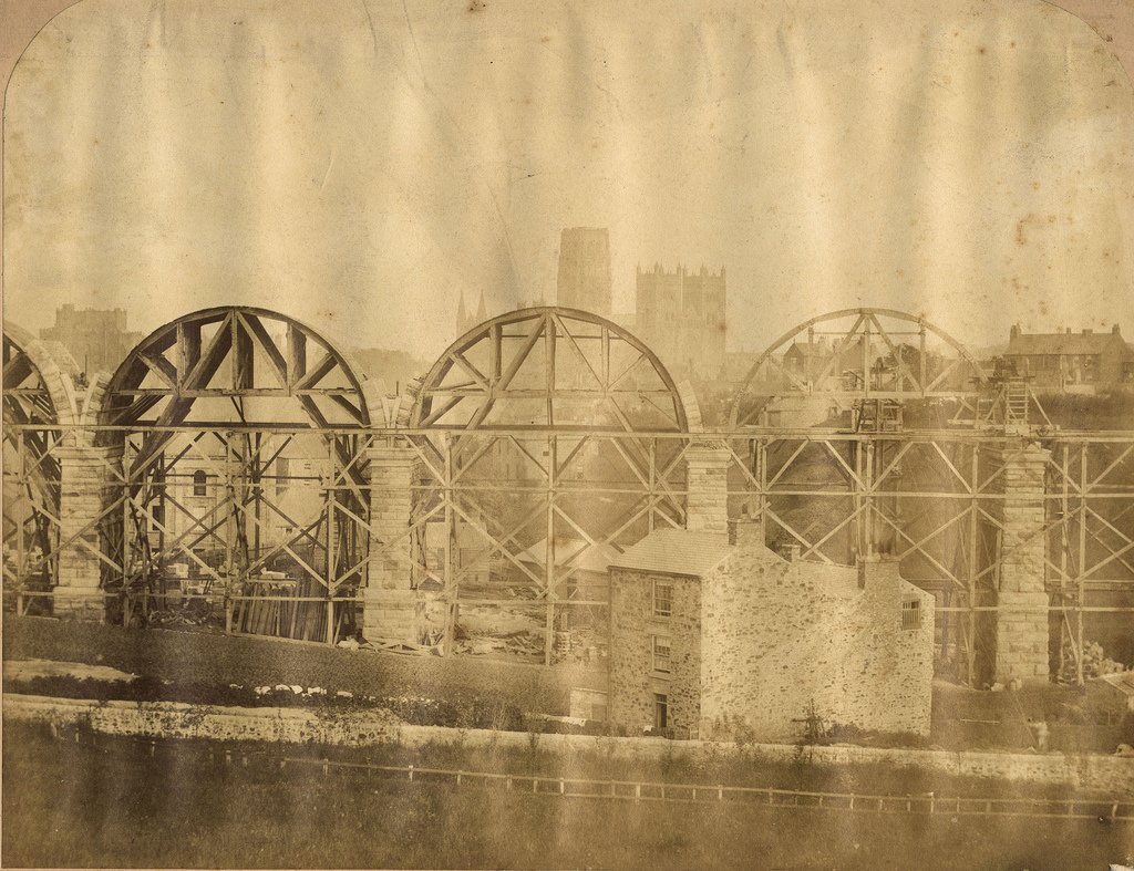 The East Coast mainline viaduct under construction at Durham in 1854.