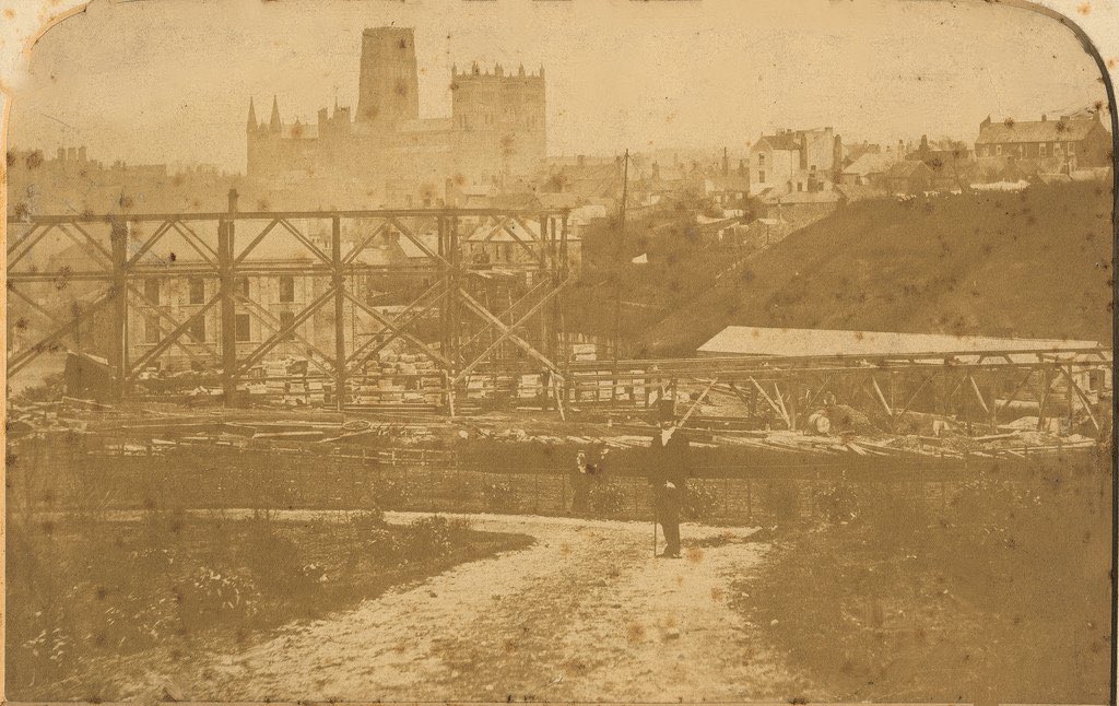 The East Coast mainline viaduct under construction at Durham in 1854.