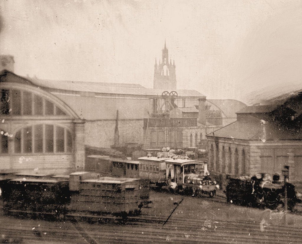 Newcastle Station in 1859 showing the train built nearby by Robert Stephenson & Co. at Forth Banks for the Wāli of Egypt & the Sudan, Sa'id Pasha (who drove it himself).