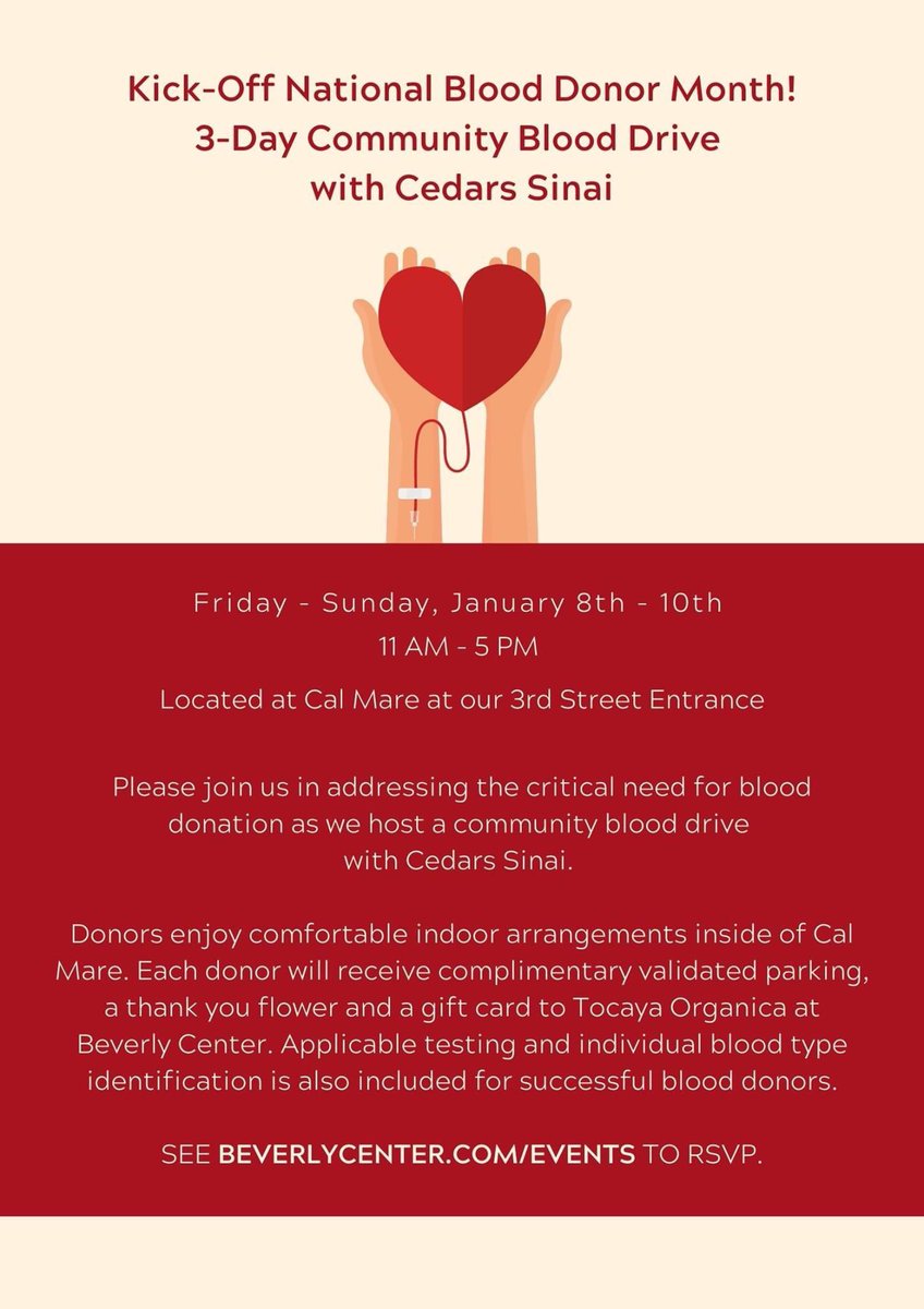 John M. Erickson, Ph.D. (@johnericksonwh) on Twitter photo The <a href="/BeverlyCenter/">Beverly Center</a> & <a href="/CedarsSinai/">Cedars-Sinai</a> partner on 3-day Community Blood Drive to kick-off 2021 because January is #NationalBloodDonorMonth! π©Έ The <a href="/BeverlyCenter/">Beverly Center</a> & <a href="/CedarsSinai/">Cedars-Sinai</a> partner on 3-day Community Blood Drive to kick-off 2021 because January is #NationalBloodDonorMonth! π©Έ